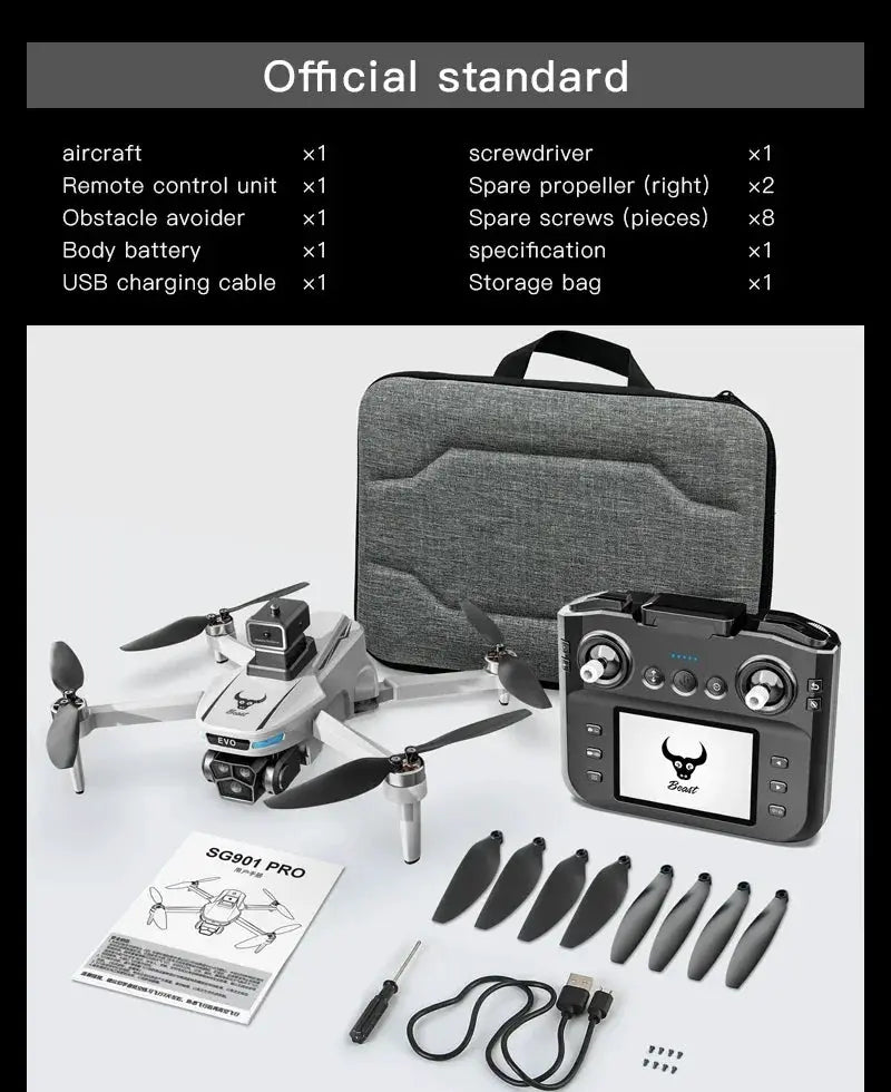 Simples Market SG901 Pro drone with gray body, remote controller, storage case, and spare propellers