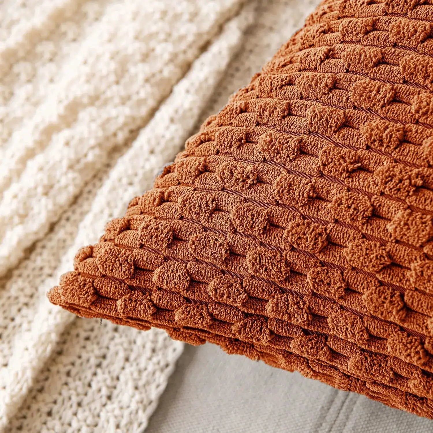 Fall decorative throw pillow covers set of 2 in rust orange and ivory corduroy with tufted texture by Simples Market