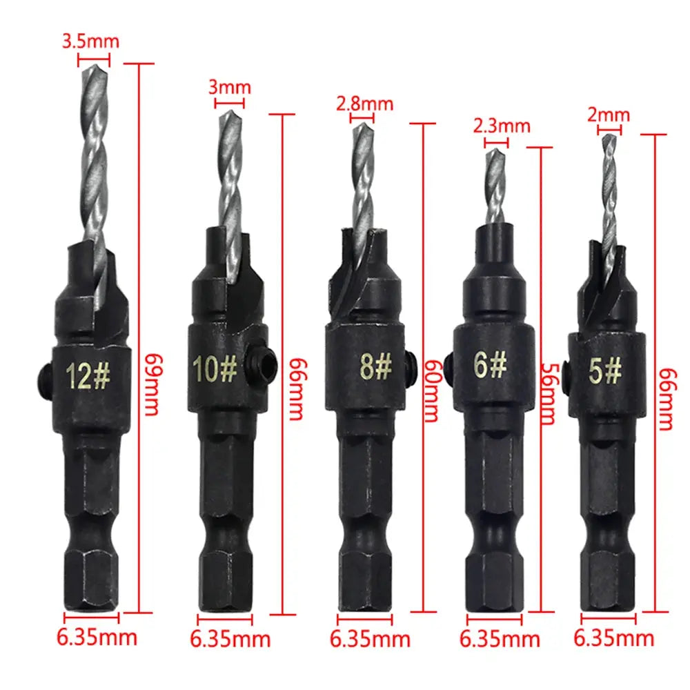 5pc Hexagon Screw Hole Opener Set With Countersink Drill Bit Taper for Woodworking and DIY Projects
