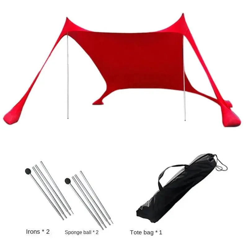 Simples Market red windproof pop-up beach canopy tent with carry bag, two iron rods, and two sponge balls.