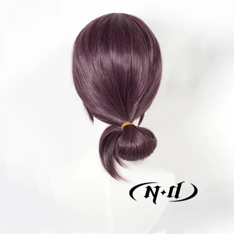 ND Reze cosplay wig by Simples Market, burgundy purple heat-resistant synthetic wig with a low ponytail.