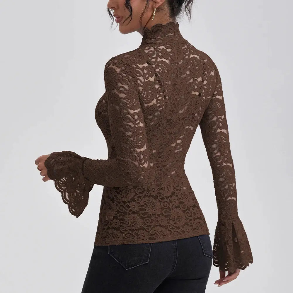 Anfilia brown lace turtle-neck blouse with slim fit, hollow-out crochet and long flare sleeves