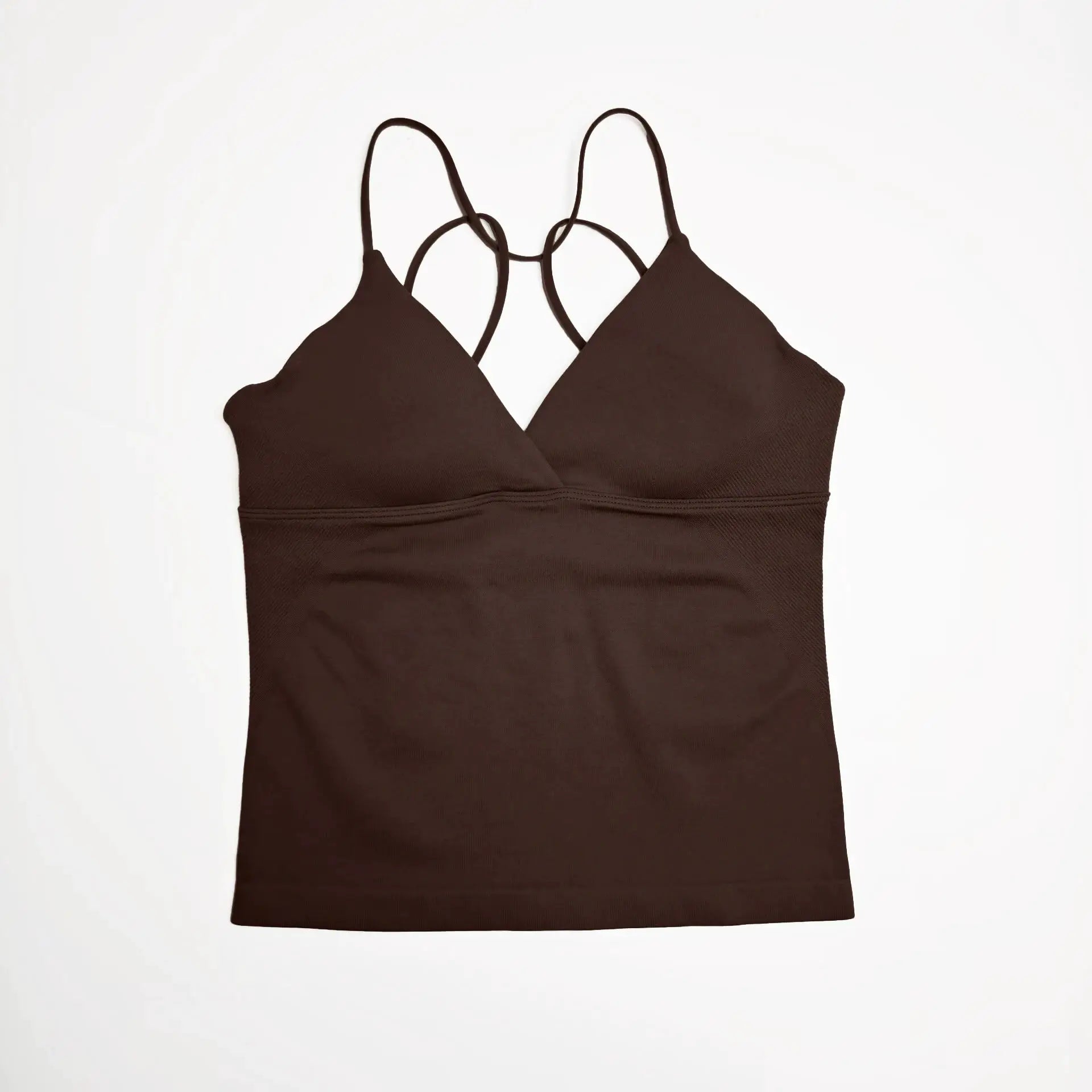 NCLAGEN Vision Twist Front Longline Top in brown, seamless yoga gym tank with thin straps