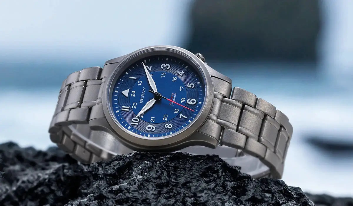 BERNY full titanium men's watch with blue dial and metal bracelet