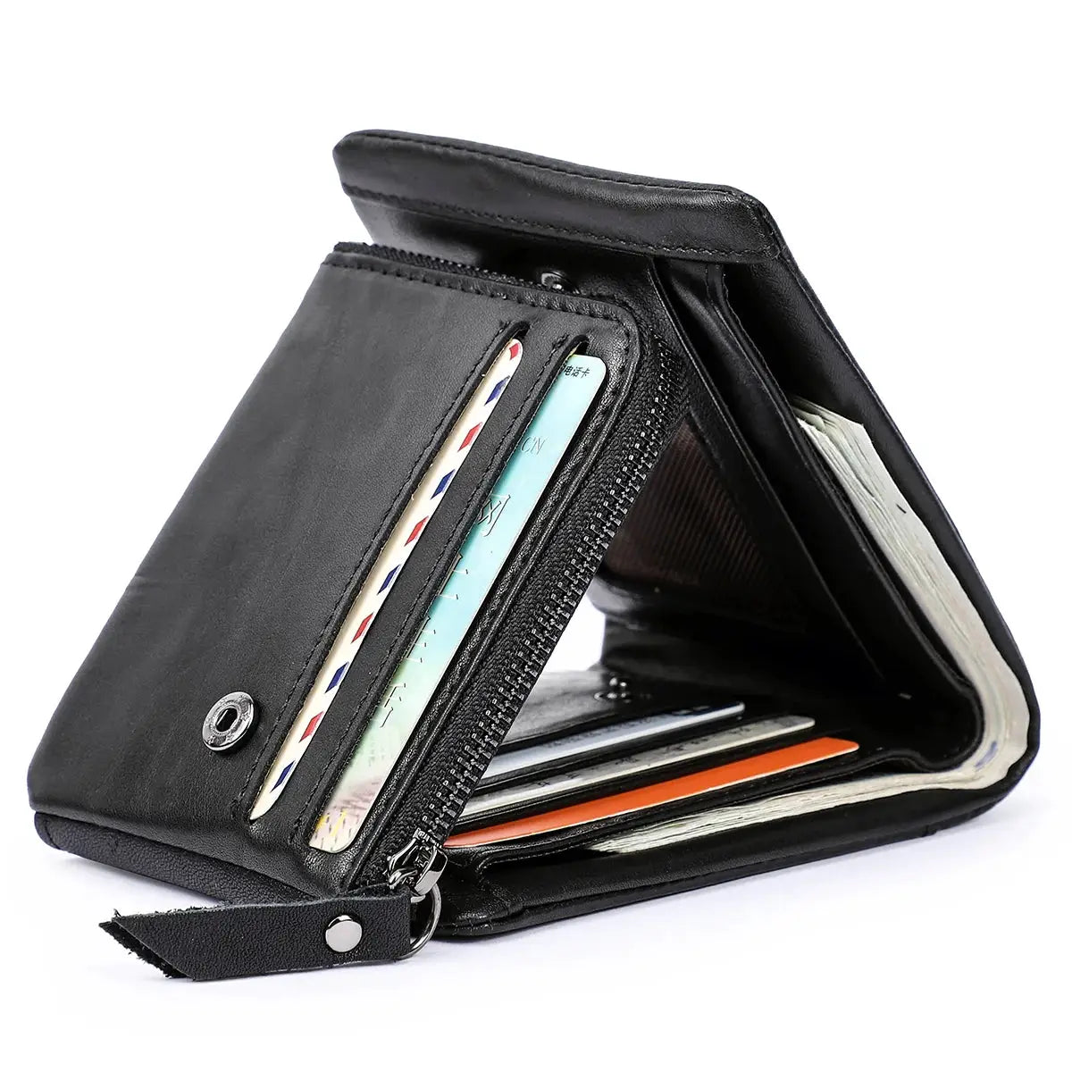 Men's wallet in black genuine cowhide Crazy Horse leather, tri-fold with zip coin pocket.