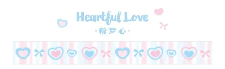 Decorative washi tape roll with pastel pink stripes and blue heart motifs, ideal for journaling and scrapbooking