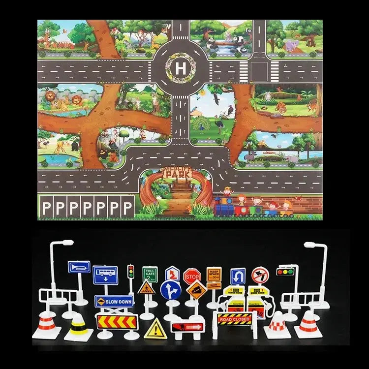 City Traffic Road Map Play Mat For Toddlers With Roads Buildings Parking Lots And Traffic Signs