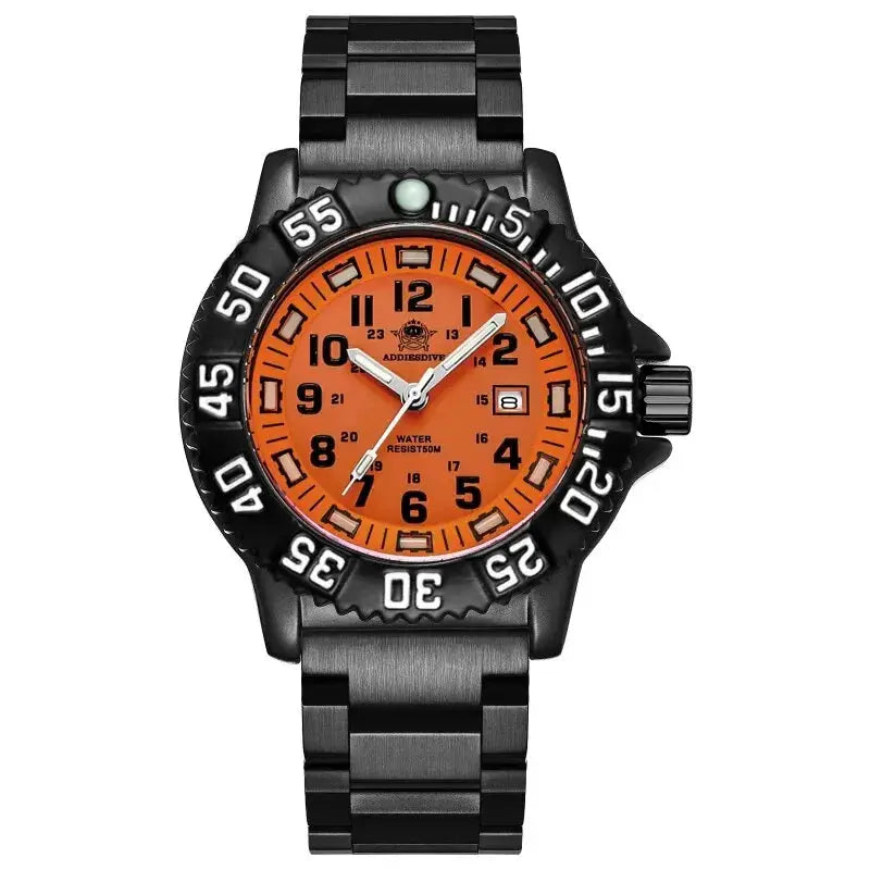 Addies men's military watch with orange dial, black steel strap, luminous hands, date window, 50m water resistant.