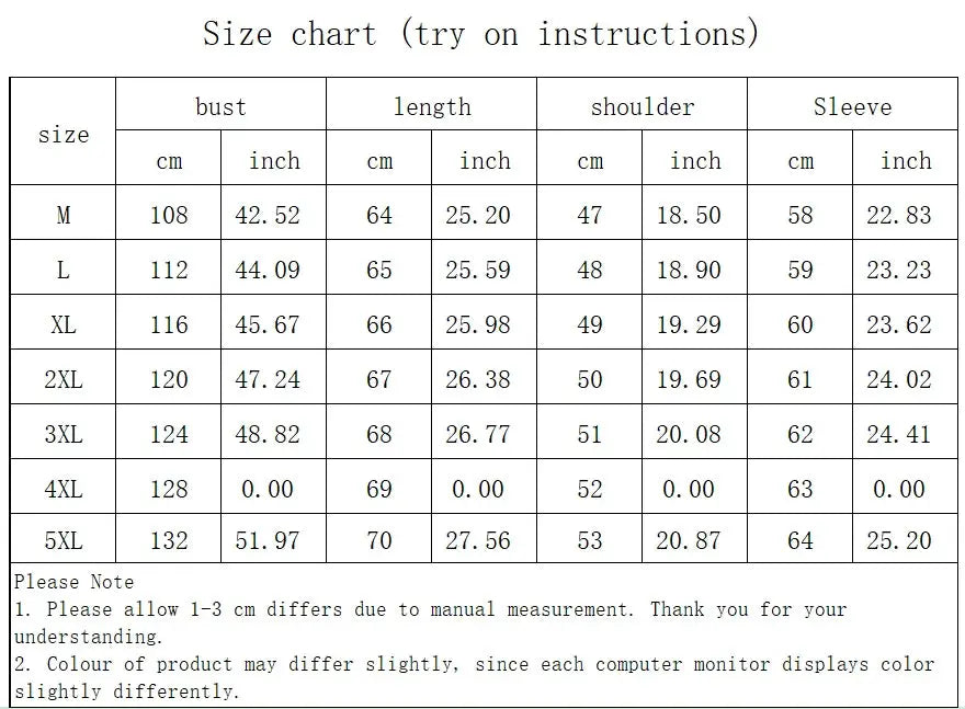 0-10℃ men's ultralight duck-down jacket size chart (M-5XL) with bust, length, shoulder, sleeve