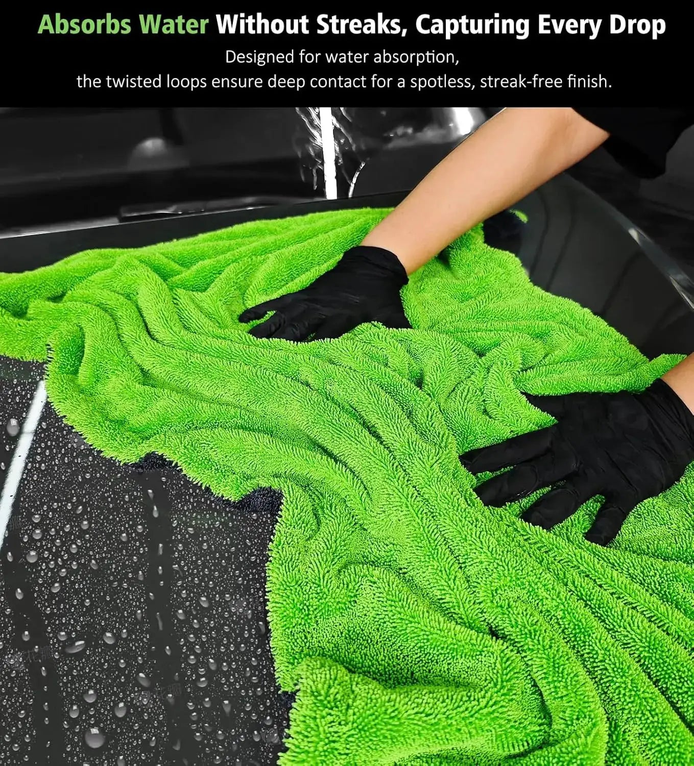 Car Drying Towel by Simples Market, green double-sided microfiber for scratch-free car detailing