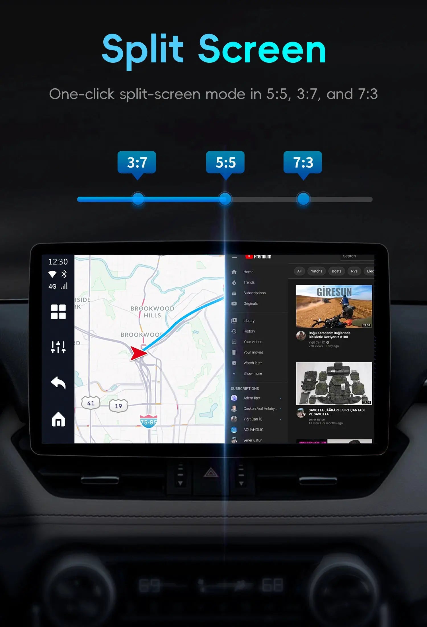 OTTOCAST P3 OttoAibox carPlay AI Box on dashboard displaying split-screen map and media apps