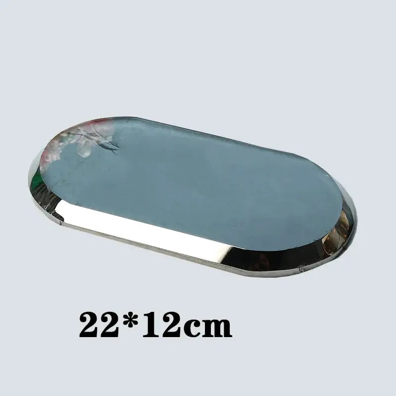 Glass oval bathroom tray with chrome edge, clear crystal finish, 22×12 cm