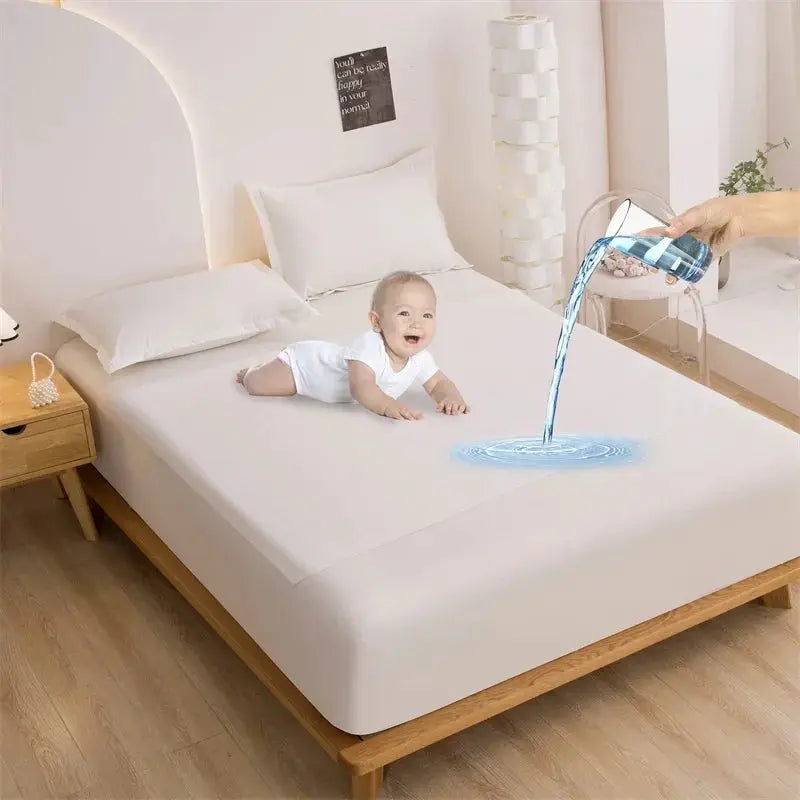 Simples Market TPU waterproof mattress cover on white bed; baby crawling as water is poured on surface