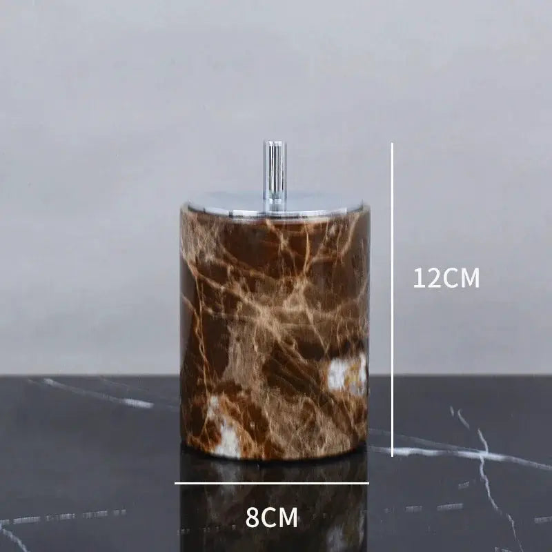 Simples Market Emperador Dark marble soap dispenser; brown natural marble with chrome pump, 12 cm tall, 8 cm diameter