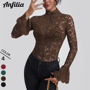Anflia brown lace turtle-neck blouse with hollow-out crochet long sleeves, slim-fit