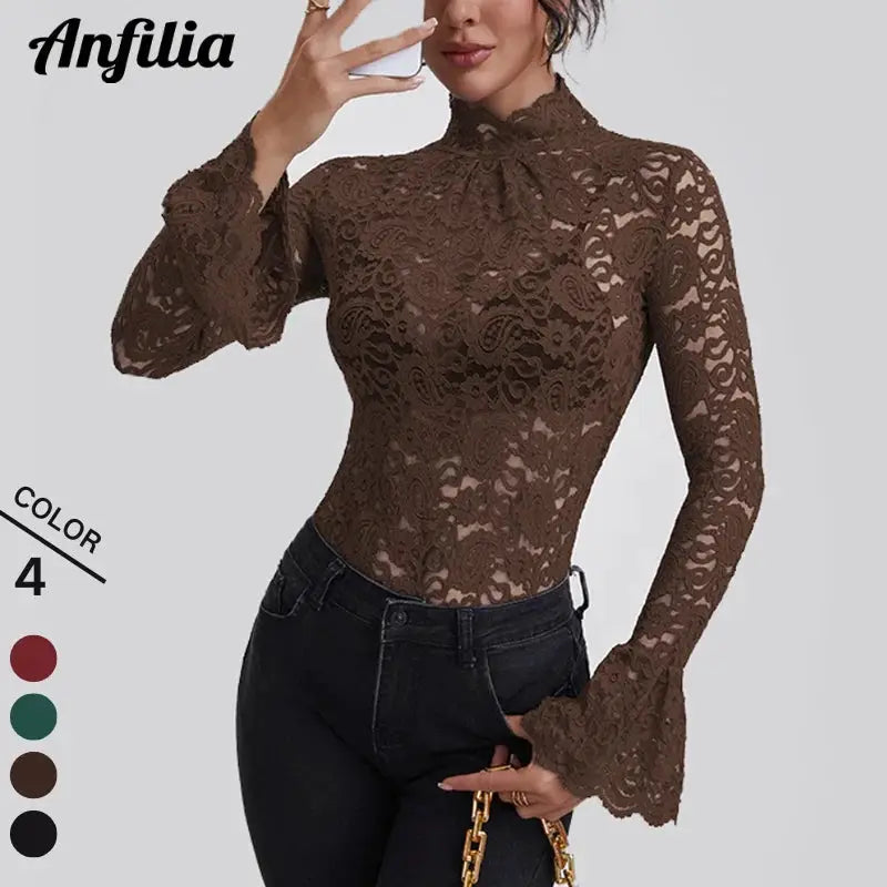Anflia brown lace turtle-neck blouse with hollow-out crochet long sleeves, slim-fit