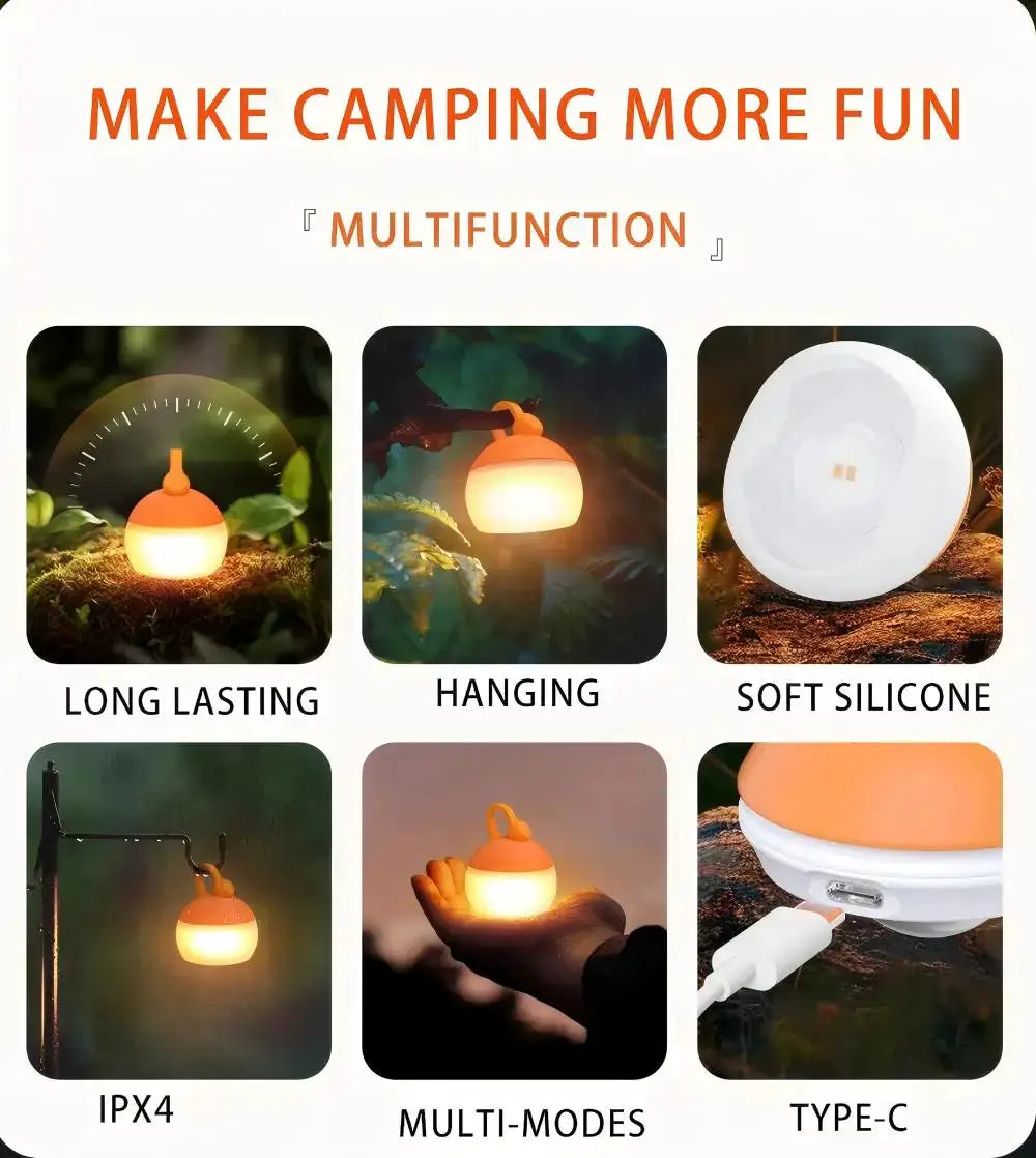 Super Mini Retro Snow Camping Lantern by Simples Market, orange and white USB rechargeable hanging tent light.