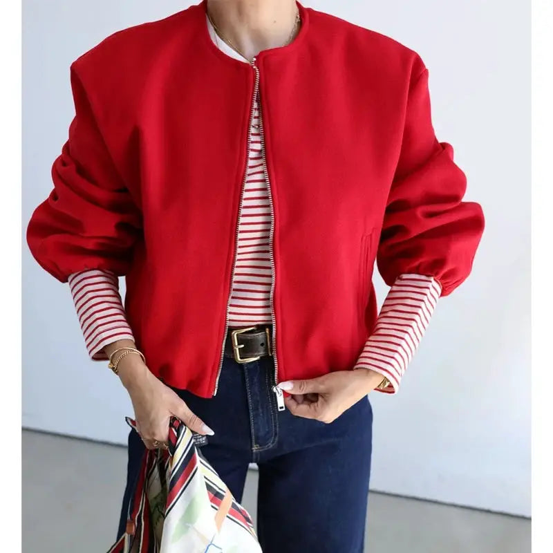 Mujer Red Zipper Bomber Jacket For Women Cropped Soft Long Sleeve Outerwear For Autumn Winter