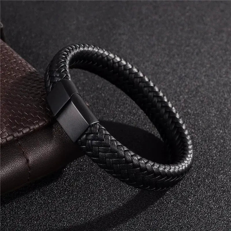 Black PU Leather Magnetic Bracelet For Men Elegant Mature Style Durable Zinc Alloy Charm Great Gift For Him