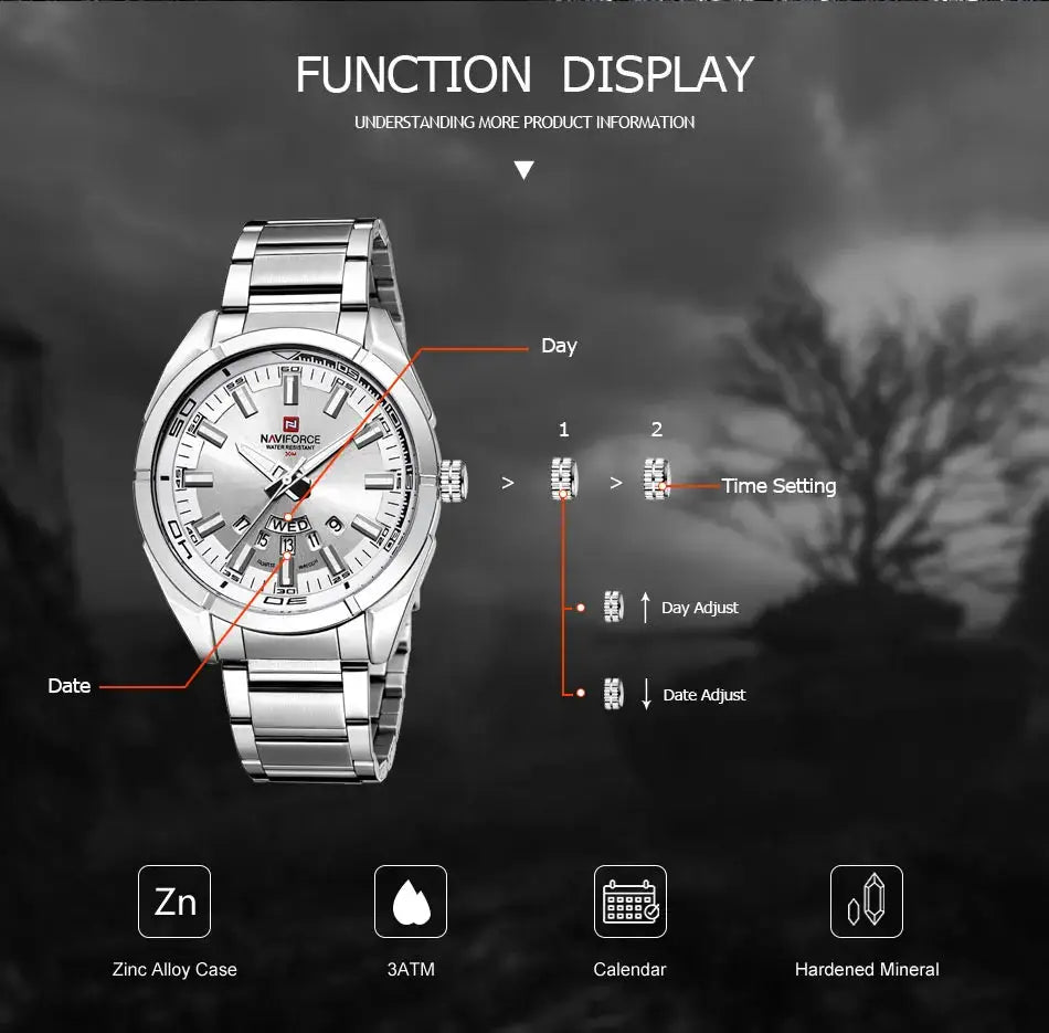 NAVIFORCE Classic men's stainless steel watch with calendar date display and silver bracelet