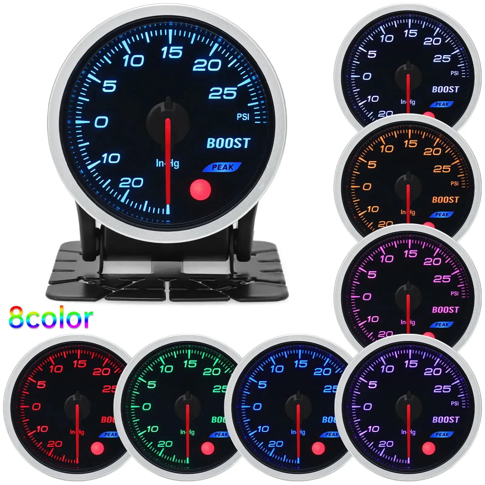 Universal 52mm auto gauge kit with 8-color backlight for oil pressure, water temp, oil temp, EGT, boost and tachometer