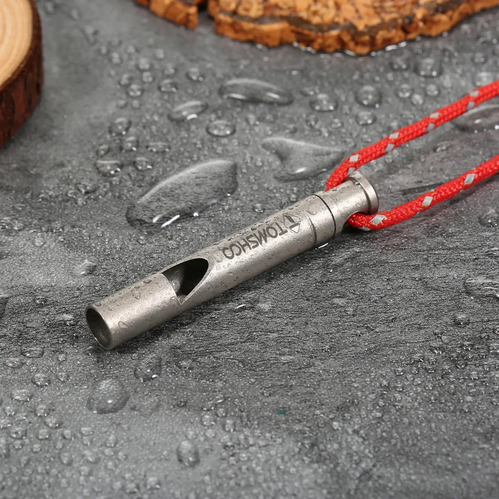 TOMSHOO titanium emergency whistle with red braided cord for outdoor survival and camping