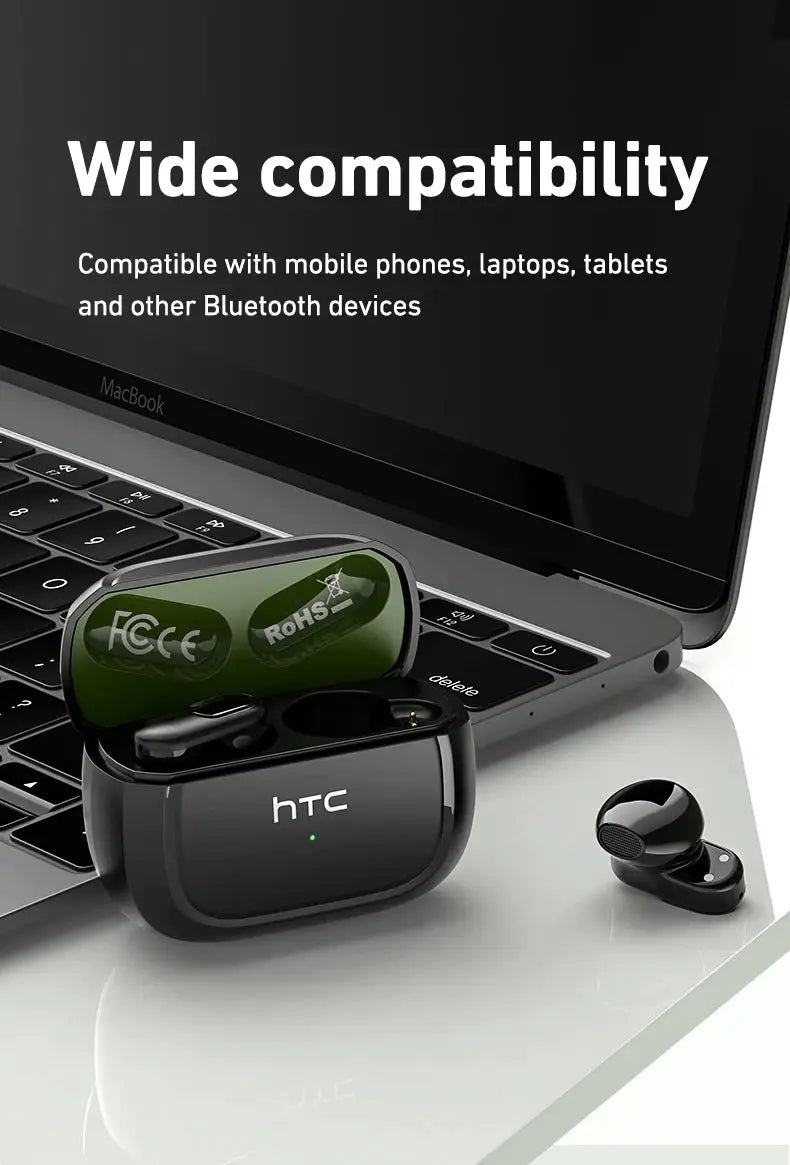 HTC NE51 Bluetooth TWS earphones with black charging case and green interior lid