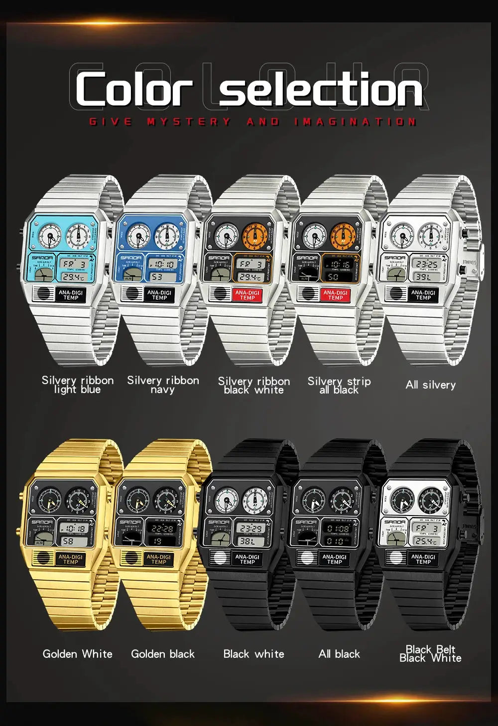 Sanda 3192 Mens Square Digital Analog Watch Waterproof Led Thermometer Stopwatch Sporty Durable Timepiece