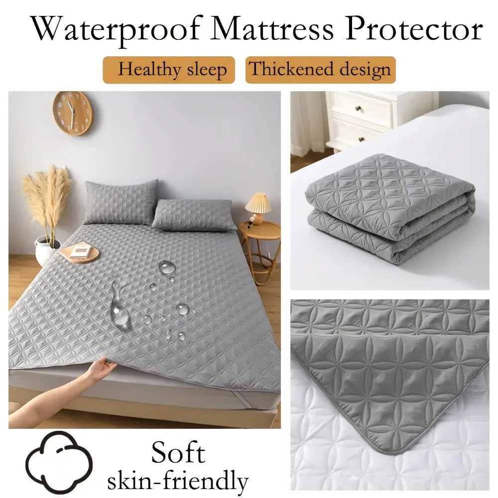 Waterproof grey quilted mattress protector with elastic band for bed, soft breathable pad.