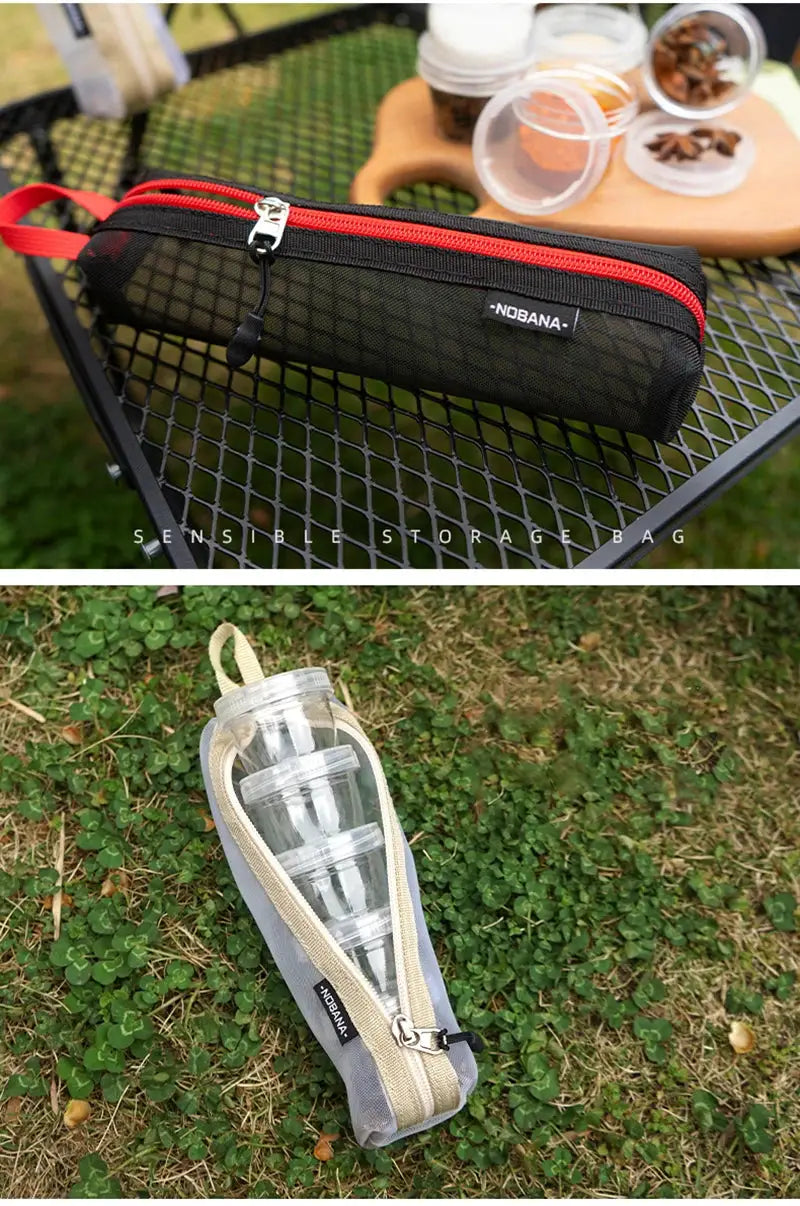 Nobana portable camping spice kit with a black mesh zip pouch and clear seasoning bottles