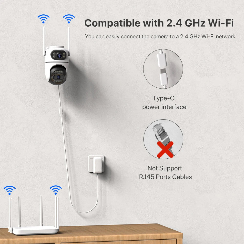 Simples Market 8MP 4K HD wifi PTZ dual-lens two-camera IP camera system with Type-C power, white outdoor security