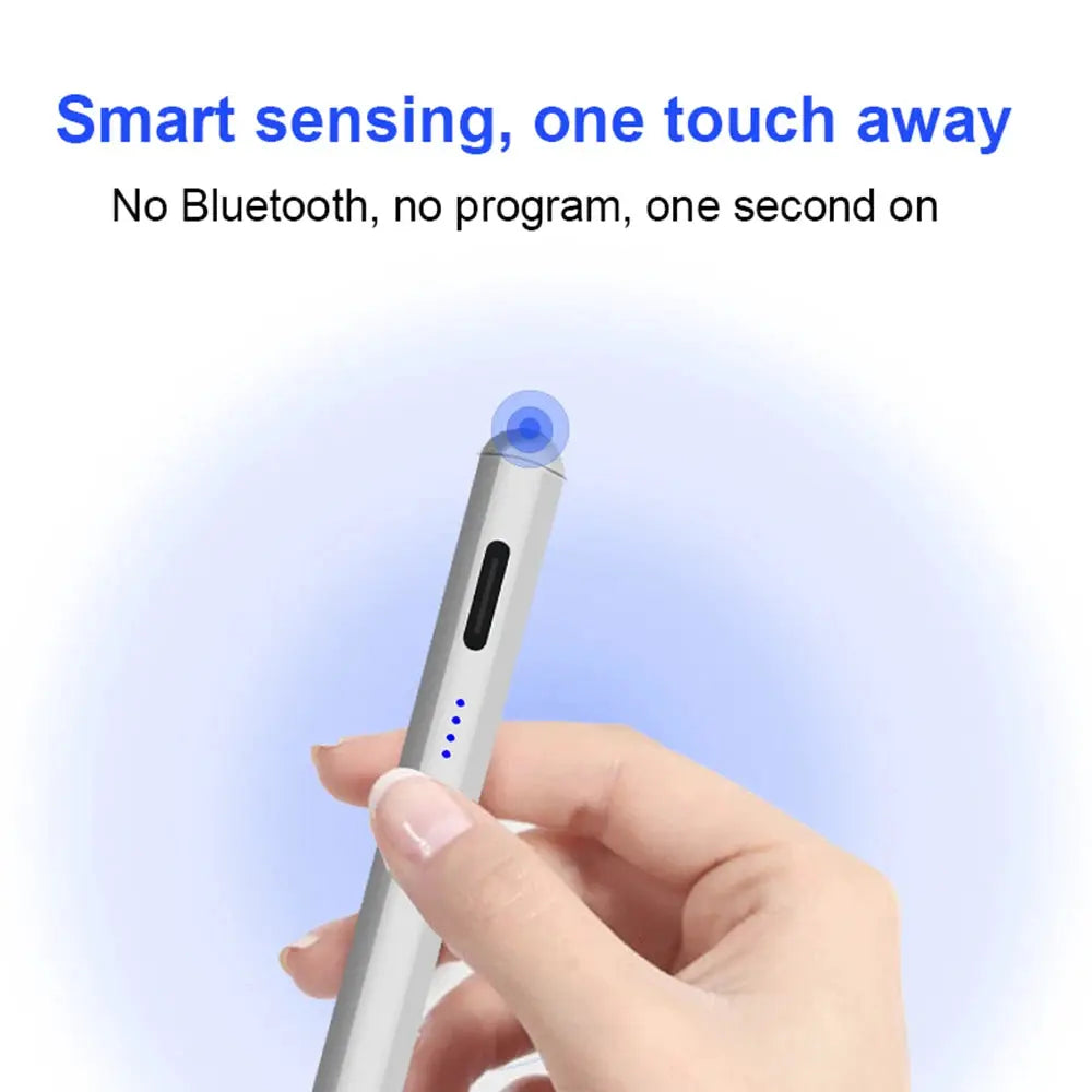 Silver universal capacitive stylus pen with blue LED tip for Android and iOS tablets