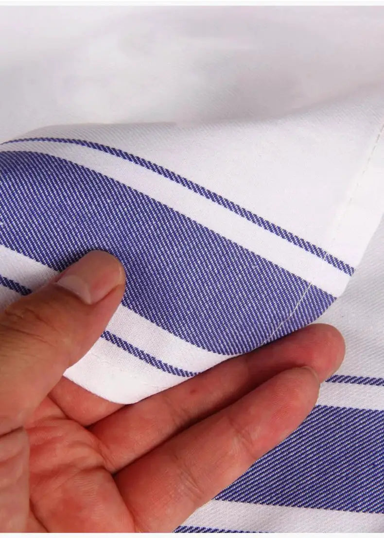 European kitchen towel placemat made from thick blue and white striped cotton fabric