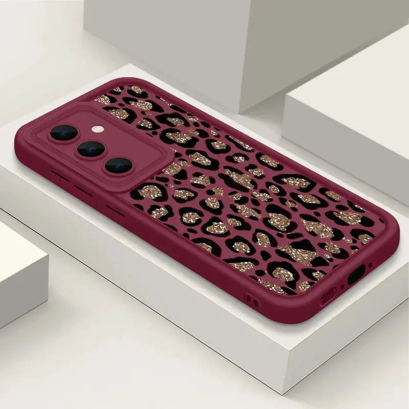 Phone case Simples Market brown leopard print TPU with maroon frame for Samsung Galaxy phones