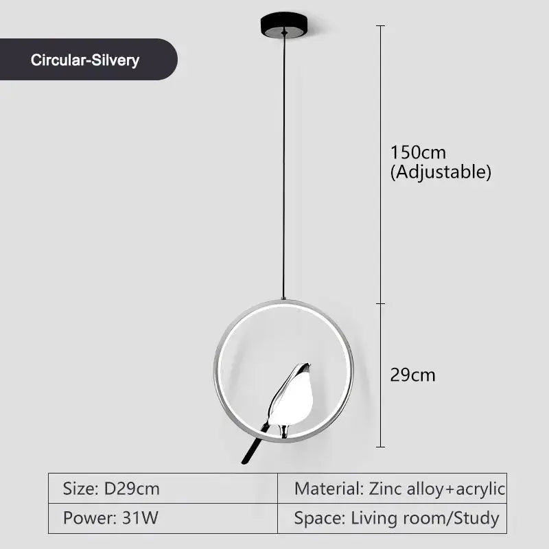 Rotatable magpie bird LED pendant light with circular silver ring, a ceiling hanging lamp for living room.