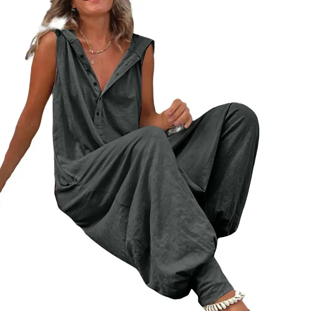 Simples Market cotton overalls for women in dark gray, loose-fitting wide-leg casual jumpsuit