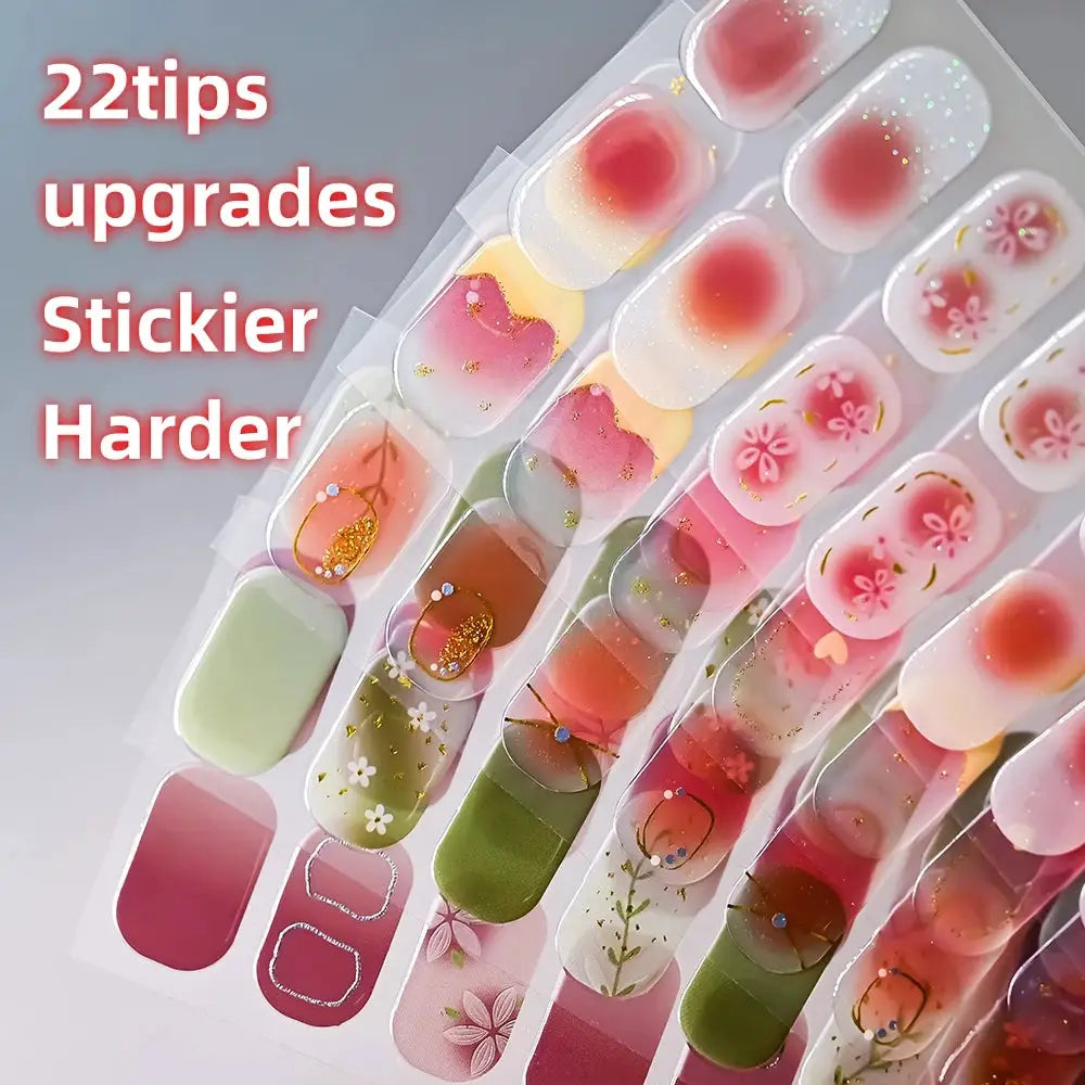 Simples Market semi-cured gel nail wraps set with pink floral full-cover decals for UV lamp curing