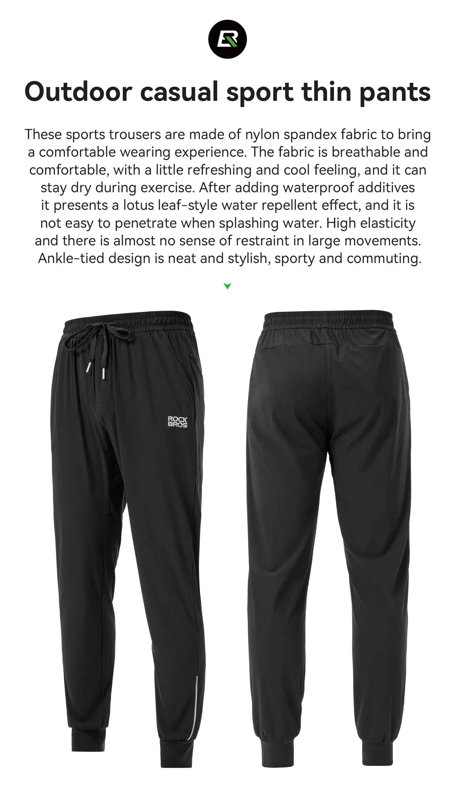 ROCKBROS black outdoor sport thin pants with drawstring waist and cuffed ankles