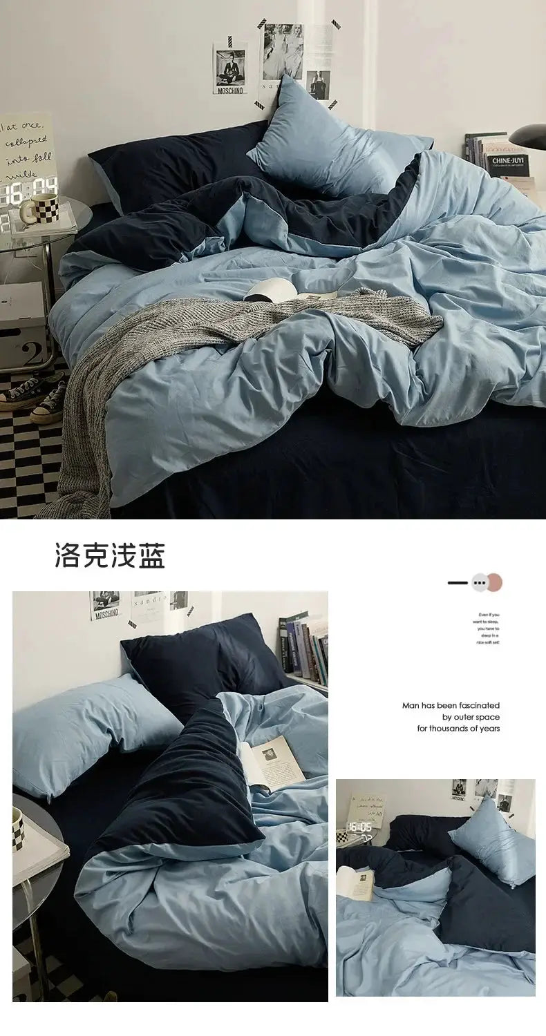 Simples Market 4-piece solid-color double-washed cotton bedding set in light blue and navy for dorm beds