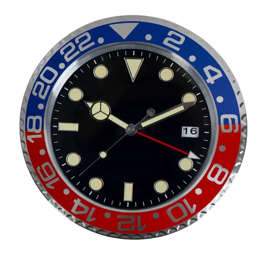 34cm luxury modern metal wall clock with blue and red bezel, black dial, luminous markers and date window
