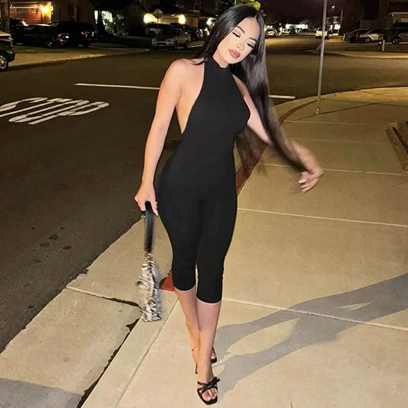 Hugcitar ribbed halter backless black bodycon jumpsuit