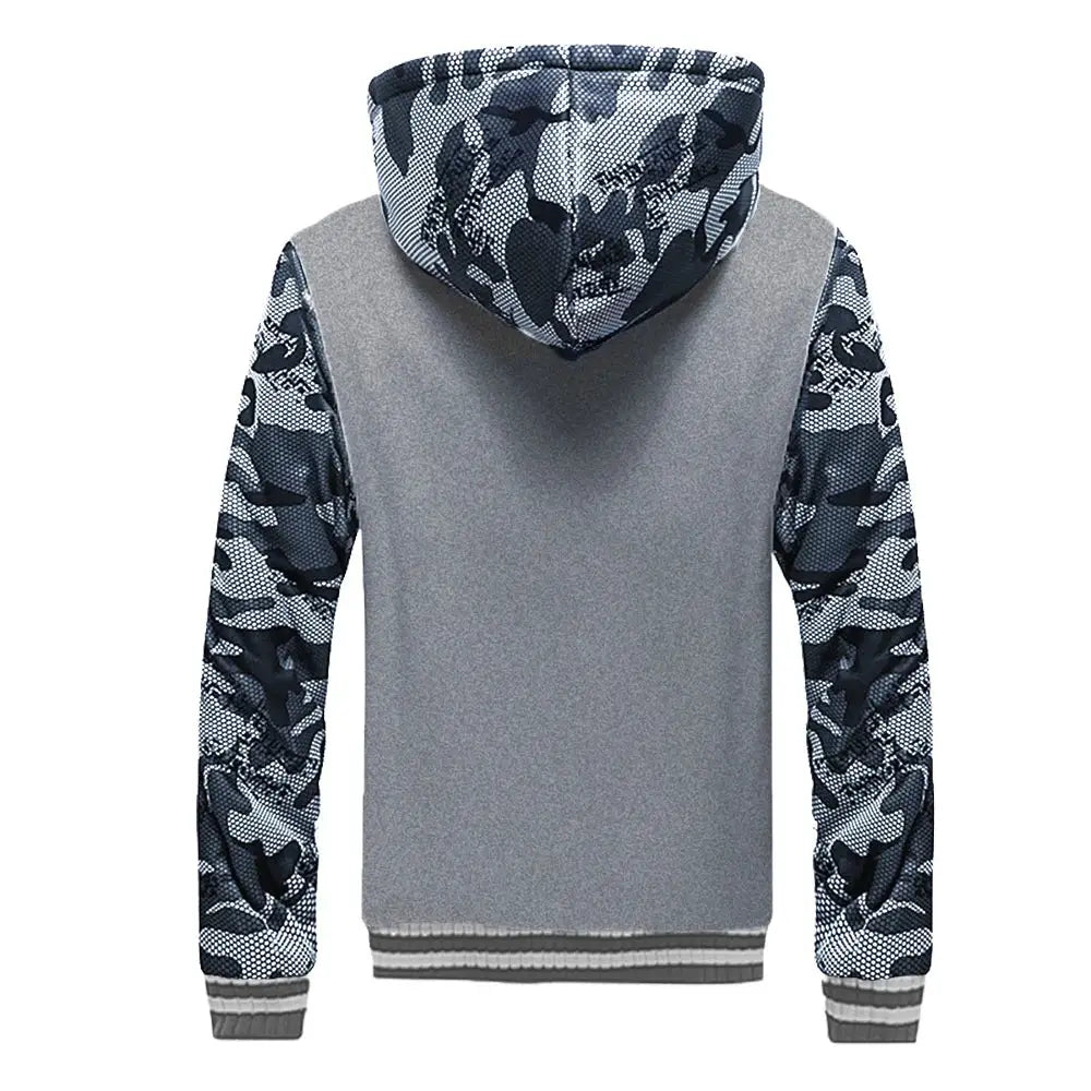 Men's camouflage hooded fleece jacket; grey body with camo sleeves and hood