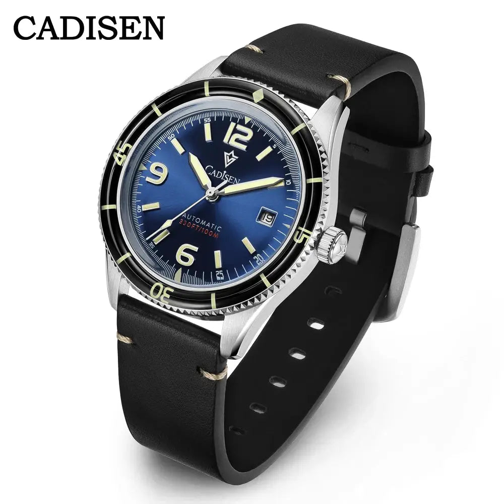 CADISEN men's mechanical watch with blue dial and black leather strap
