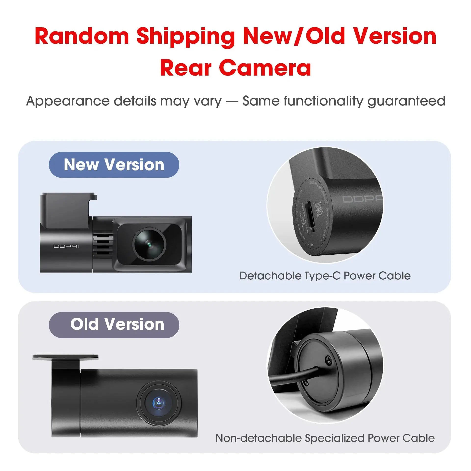 DDPAI Dash Cam N1 dual front/rear 1296P night vision; new vs old power cables with detachable Type-C cable.
