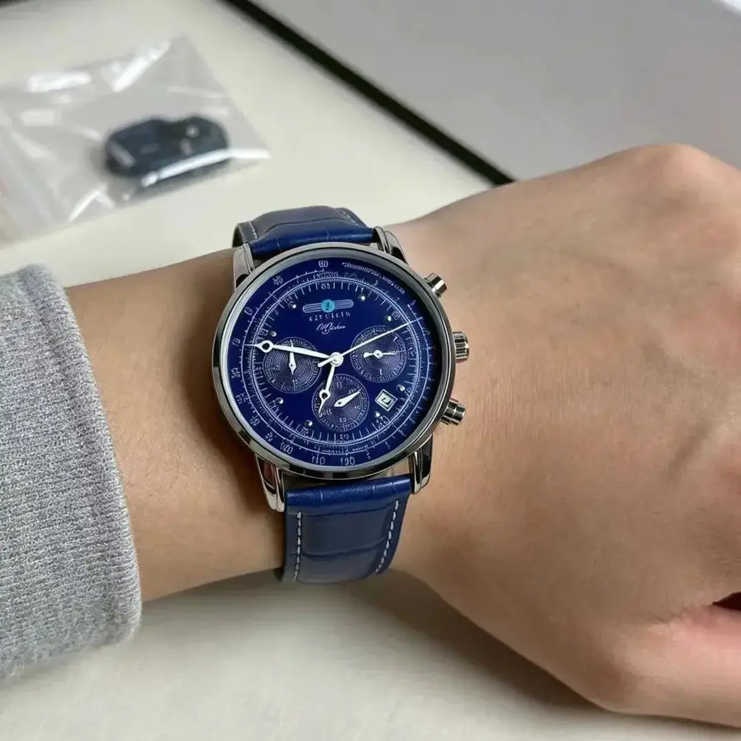 Simples Market blue dial chronograph watch with blue leather strap and white stitching