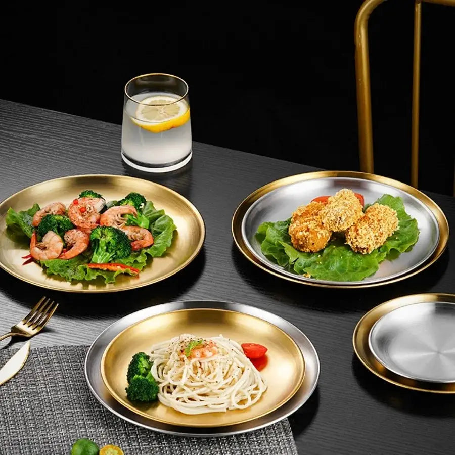 Circular Stainless Steel Plate Tray for Dining and Korean Barbecue Perfectly Suited for Steaks and Serving Plates