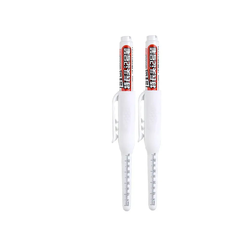 Carpenter marker pens, 2-pack with white bodies and long nibs; waterproof 45mm deep-hole markers in black/blue/red ink