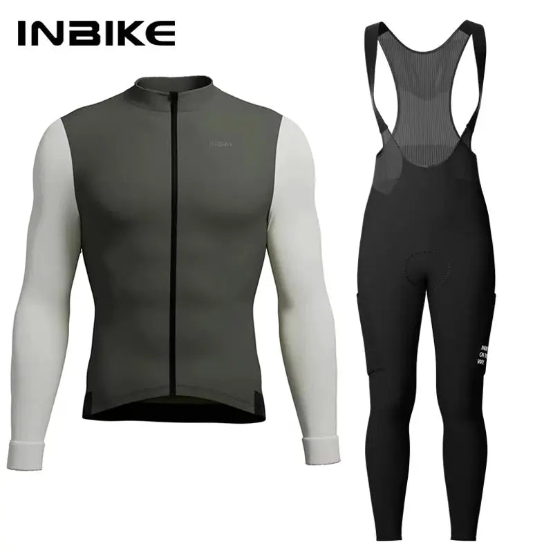 Men's winter cycling jersey and bib pants set by INBIKE; gray/black, zip-front long-sleeve top with bib straps