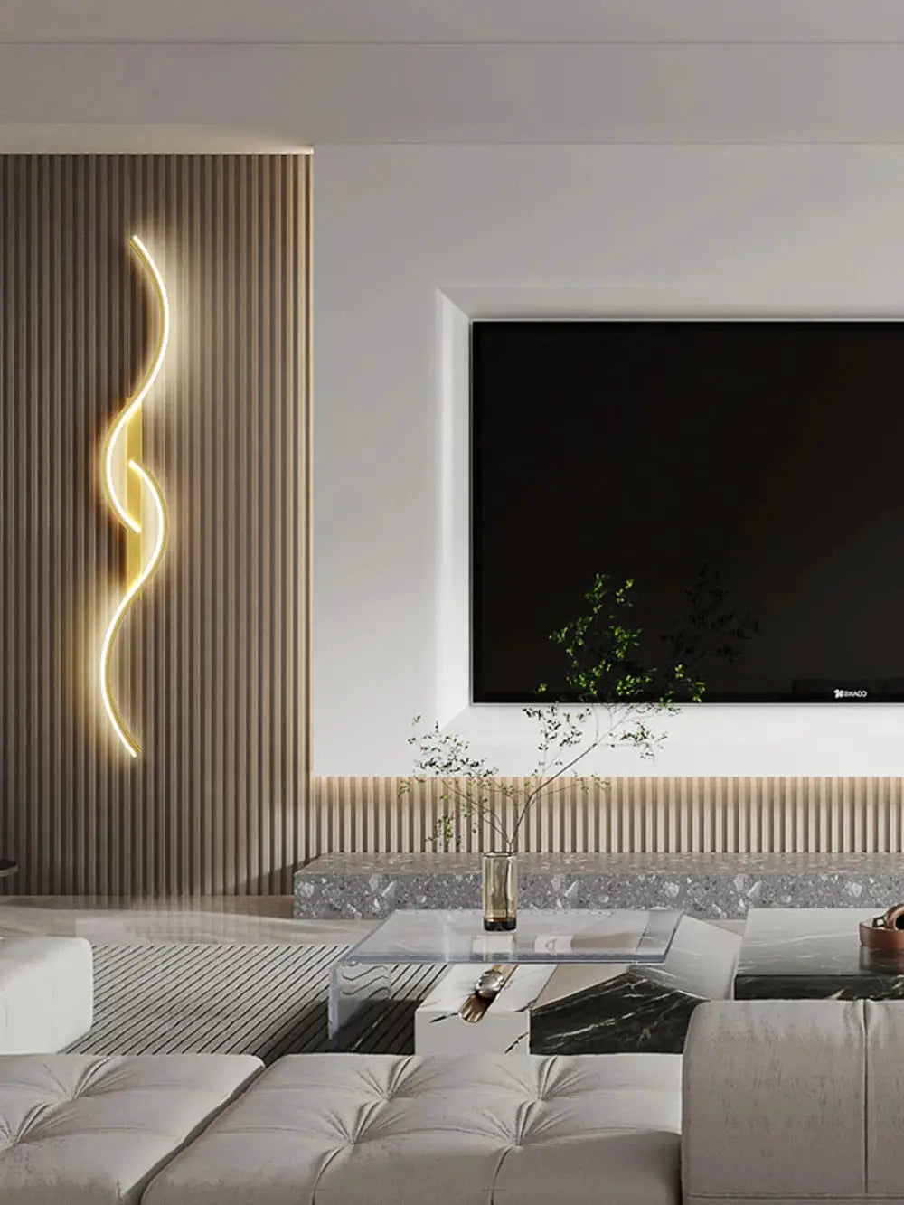 Modern LED wall lamp by Simples Market, warm yellow light on a wood slat wall beside the TV.