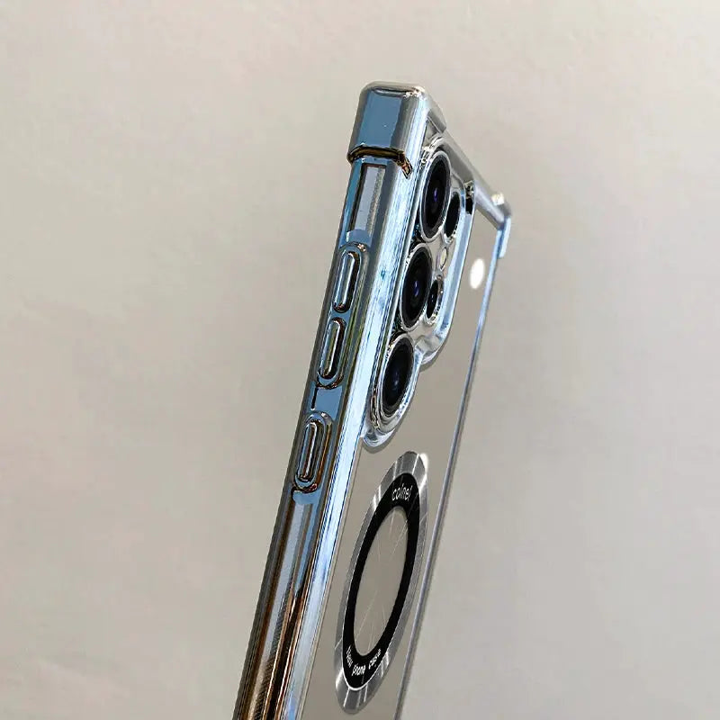 Magnetic wireless charging case by Simples Market with chrome-edged finish and clear lens protection for Samsung Galaxy